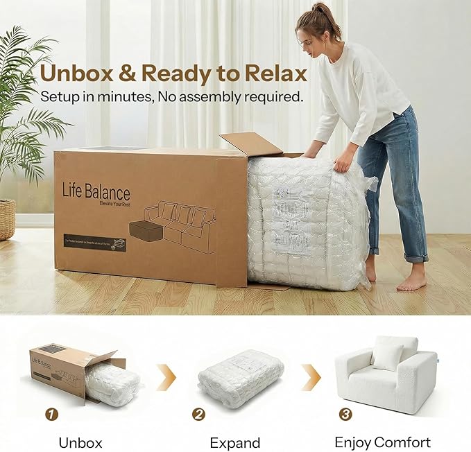 Life Balance Modular Sectional Sofa for Living Room, Modular Design Easy to Assemble, Cloud Soft Fabric, White (Sherpa Fabric)