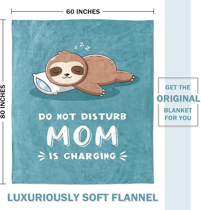 Funny Gifts for Mom Mothers Day, Mom is Charging Sloth Blanket, Birthday Gifts for Moms from Daguther Son, Moms Gift for Mothers Day, Soft Sloth Throws Blanket for Mother, Cyan, 60" x 80"
