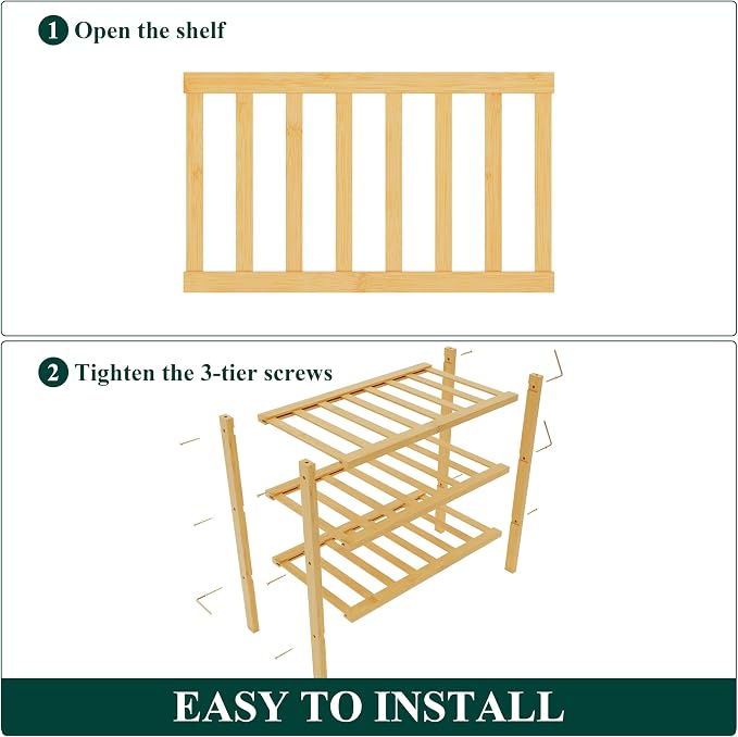 Smiry Bamboo Shoe Rack for Closet, 3 Tier Small Wooden Stackable Shoe Organizer, Free Standing Shoes Storage Shelf for Entryway, Front Door Entrance, Natural - Image 6