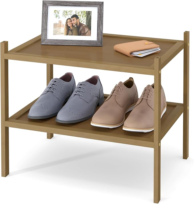 Smiry Bamboo Small Shoe Rack, 2 Tier Shoe Organizer for Entryway & Closet, Stackable Free Standing Storage Shelf for Shoes, Bags & Plants, Walnut by Smiry