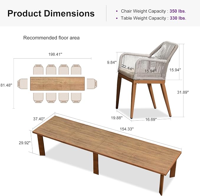 PURPLE LEAF 11 Pieces Patio Dining Set Aluminum Modern Oversize Rectangular Table and Rattan Arm Chairs with Cushions for Kitchen Porch Garden Outdoor Furniture Sets - Image 8
