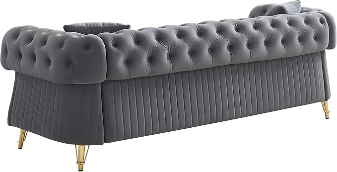 KEIKI 89" Chesterfield Velvet Button Tufted Sofa with High Density Foam Cushions and 2 Toss Pillows, Modern Style 3-Seater Couch with 4 Gold Metal Leg, Easy Assembly, for Living Room, Apartment, Grey