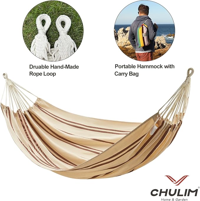 CHULIM Brazilian Double Hammock with Tree Straps,Extra Large 94x63IN,2 Persons Hammock for Backyard Patio Outdoor and Indoor,450lbs Weight Capacity,Soft Woven Cotton Fabric - Beige Brown Stripe - Image 6