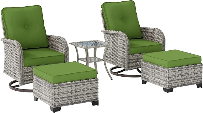 Outdoor Patio Furniture Set Patio Rocking Swivel Chair with Tempered Glass Side Table, Outdoor Wicker Rattan Bistro Set with Ottomans for Garden, Deck, and Balcony, Avocado Green