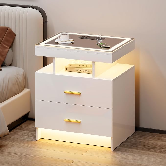 LED Nightstand with Wireless Charging Station,White Night Stand with 2 Drawers,Glass Top Smart Bedside Table,Modern End Table Side for Bedroom,Living Room,Office - Image 9