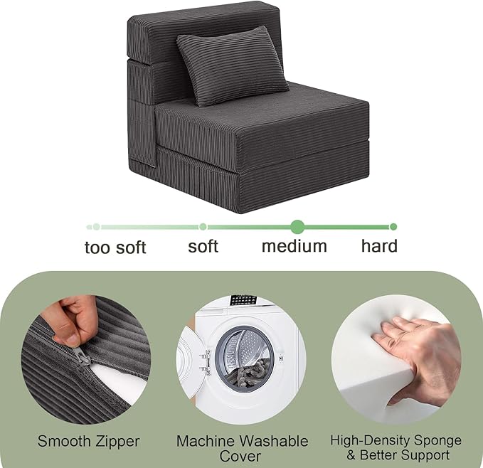 MeMoreCool Boneless Folding Chair Bed – Dark Grey Corduroy Single Sleeper Sofa, 4-in-1 Convertible Futon Couch with Pillow, Compact Fold-Out Floor Mattress with Washable Cover for Bedroom, Guest Room