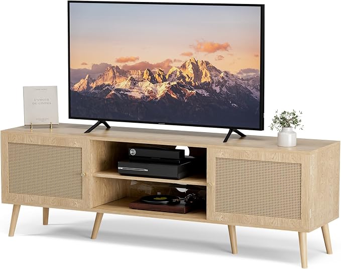 ZttRiee TV Stand for TVs up to 65'', Entertainment Center With Rattan Door, Shelves & 2 Cabinets, Long Boho Media Console for Living Room, Natural - Image 8