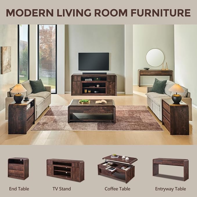 Modern TV Stand for 80 Inch TVs, 32"Tall Entertainment Center w/Storage Cabinet& drawers, Media Console Cabinet w/Soundbar & Adjustable Shelves for Living Room, Curved Profile Design, 70 inch (Brown) - Image 7