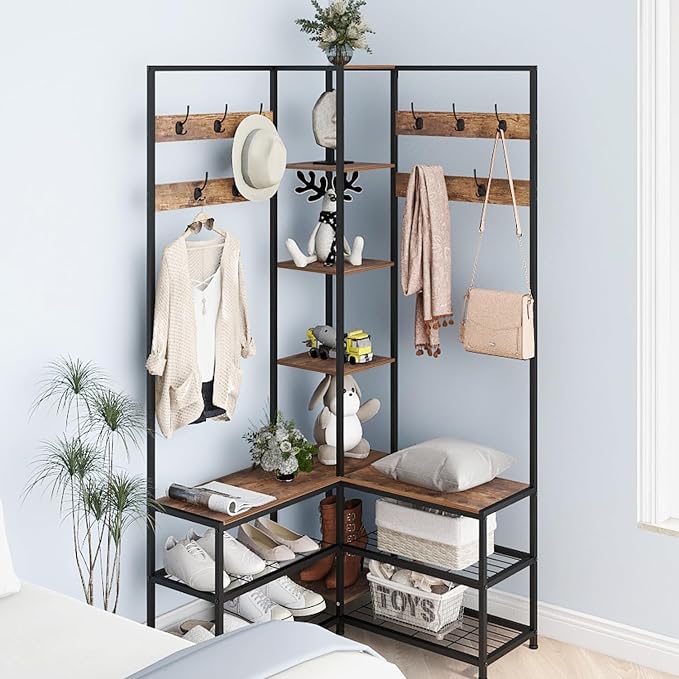 GiftGo Corner Hall Tree with Shoe Rack Storage Bench Display Open Shelves Modern Industrial Entryway Coat Rack Stand for Home Living Room Mudroom Bedroom Multifunctional 5 in 1 (Rustic Brown) - Image 8