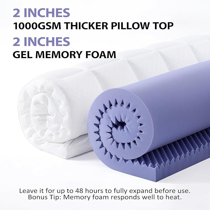 downluxe 4 Inch Twin XL Memory Foam Mattress Topper Pro Dual Layer 2 Inch Cooling Gel Egg Crate Memory Foam Plus 2 Inch Pillow Top Medium Firm with Deep Pocket