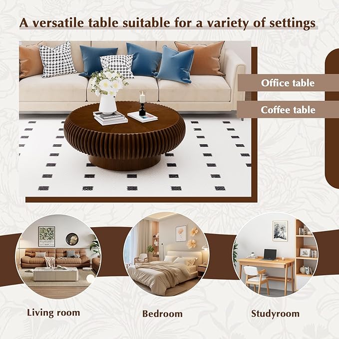 Round Drum Coffee Table Modern Unique Circle Drum Coffee Tables Mid Century Coffee Table with Sturdy Pedestal Fluted Tea Table for Living Room Office Small Space (31.5in Walnut)
