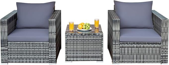 Tangkula 3 Pieces Patio Furniture Set, PE Rattan Wicker Sofa Set w/Washable Cushion and Tempered Glass Tabletop, Outdoor Conversation Furniture for Garden Poolside Balcony