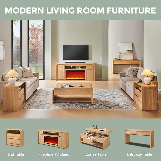 Modern Fireplace TV Stand with 36"LED Electric Fireplace for 80 inch TVs, 32"Tall Entertainment Center w/Drawers &Adjustable Shelves, Wood Media Console w/Curved Profile Design for Living Room,Natural - Image 8