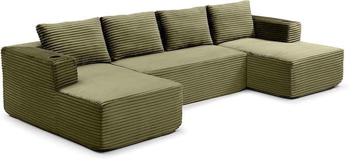 132-Inch U-Shaped Cloud Sectional Couch, Symmetrical Modular Compressed Boneless Sectional Sofa with Chaise Lounges, Plush Corduroy Boneless Corner Sofa W/Cupholders