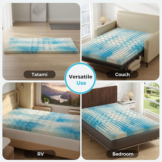 DUMOS 4 Inch Memory Foam Mattress Topper Full, 5-Zone Cooling Gel Infused Pressure Relief Bed Topper for Back & Hip Pain, Soft Dorm RV Camping Mattress Pad, Blue
