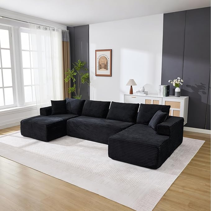 Boneless Couch U Shaped Sectional 130'' Modern Modular Cloud Couch with 2 Chaise Lounge, 4-Seat Corduroy Deep Seat Sofa with Pillows for Living Room