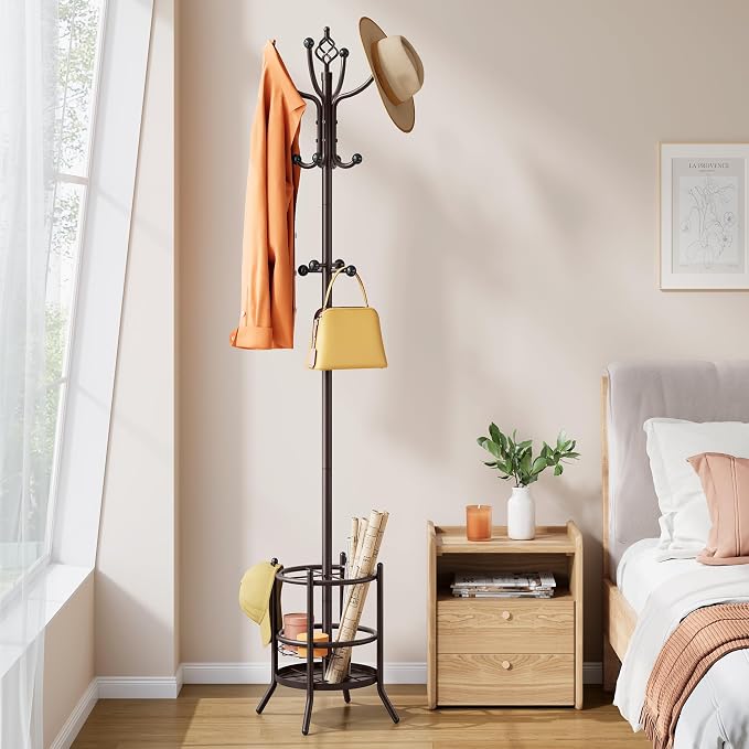 Tajsoon Coat Rack Stand with Umbrella Holder, Coat Tree Freestanding with 16 Hooks, Coat Hangers Stand for Living Room, Bedroom, Office, Brown - Image 8