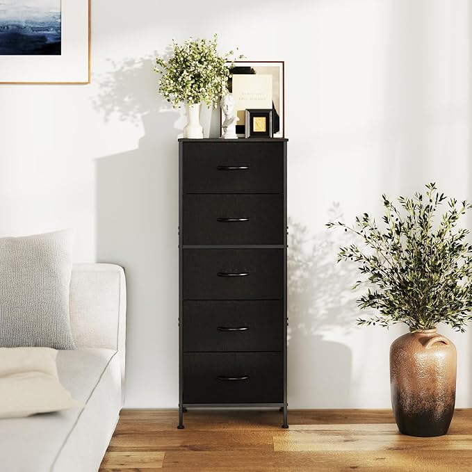 DUMOS Nightstand with 5 Drawers Bedside Table with Removable Fabric Bins Sturdy Steel Frame Wood Top Organizer Furniture for Bedroom Closet Living Room, Black - Image 7