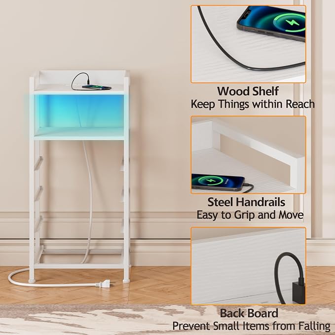 Furnulem White Nightstand with Charging Station, Night Stand Side Table with Led Light, Tall Dresser for Bedroom with 4 Fabric Storage Drawers, Metal Frame, Wood Shelf(White) - Image 9