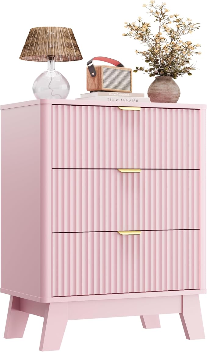 Wodeer Pink Nightstand with 3 Drawers, Mid Century Modern Wooden Bedroom Nightstand, Bedside Table & End Table with Metal Handles, Farmhouse Night Stands for Bedroom - Image 8