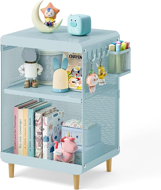 SYKIARIOL Kids Nightstand for Girls, Metal Bedside Table with 4 Hooks & Hanging Basket, 3-Tier Storage Shelf, Toddler Night Stand for Bedroom, Mint Green - Image 9