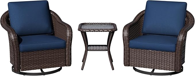3 Piece Patio Wicker Bistro Set, 2 All-Weather Use Outdoor Wicker Swivel Chairs with PE Rattan Side Table,Ideal for Porch, Backyard, Balcony, Poolside, Blue