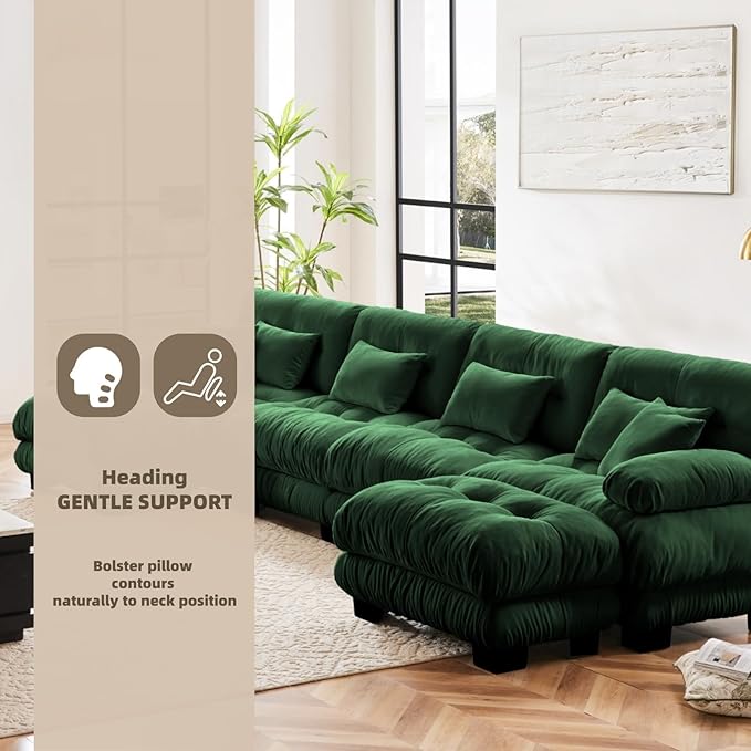173.2" U-Shaped Cloud Couch, Oversized Modular Sectional Sofa, Deep Seat Cloud Boneless Couch, 4-Seat Modular Sectional Sofa with 2 Ottoman or Living Room,Bedroom and Apartment, Green