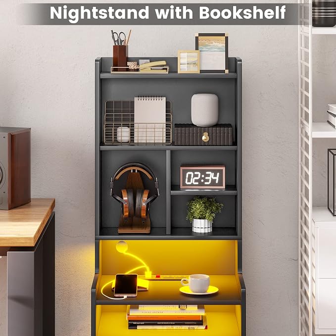 BTHFST Tall Nightstand with LED Lights and Charging Station, LED Black Nightstand with Shelves and 2 Drawers, Bedside Table with Bookshelf, Tall Side End Table with Storage - Image 8