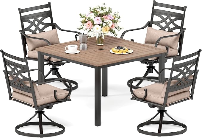 PHI VILLA Outdoor Patio Table, Square Metal Steel Slat Table with 1.57”- 1.9” Adjustable Umbrella Hole, Weather-Resistant Outdoor Dining Table for Garden Deck, 42" x 42" x 28.7", Brown - Image 7