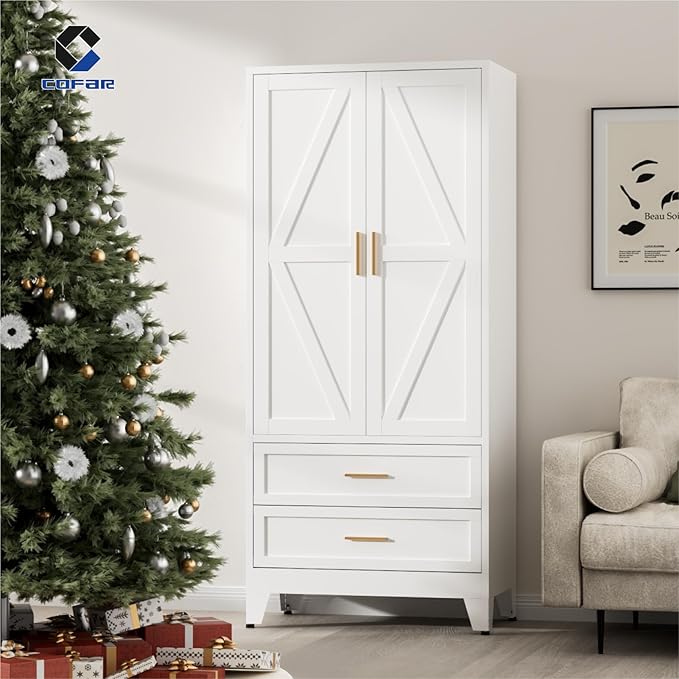 COFaR Metal Armoire Wardrobe Closet with Drawers, 71'' Tall Farmhouse Bedroom Armoires with Doors, Freestanding Steel Wardrobe Cabinet Coat Closet for Bedroom Home Office Garage, White
