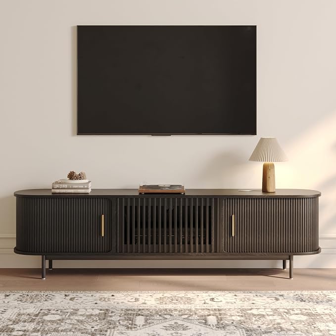 POVISON Fully-Assembled Mid Century Modern TV Stand, Sliding Tambour Door Entertainment Center with Storage, Wood TV Console, Media Console for Living Room Bedroom(Black, 78.74") - Image 8