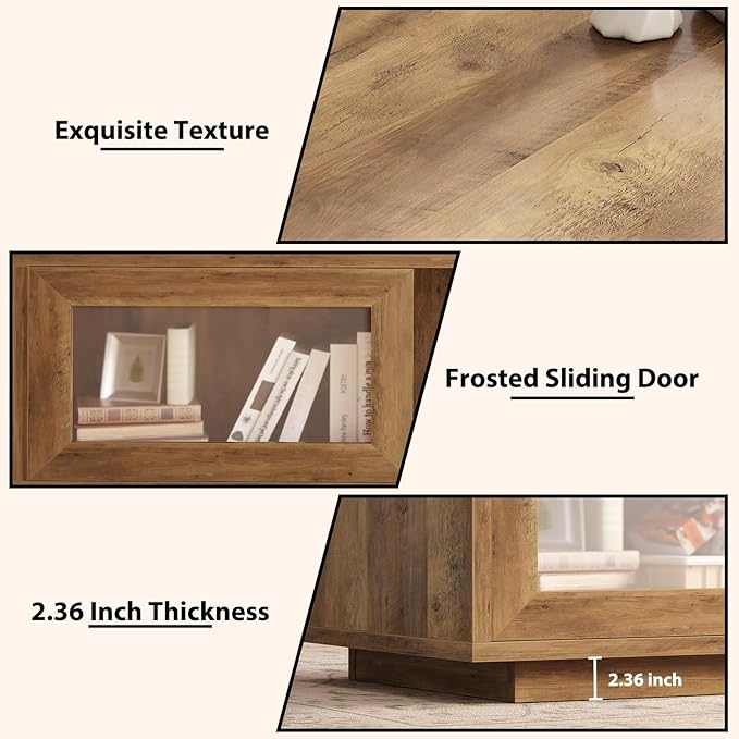 HSH Rustic Coffee Table with Storage, Low Coffee Table for Living Room, Long Rectangle Wood Coffee Tables,Farmhouse Large Center Tables with Sliding Door, Rustic Oak, 47 Inch