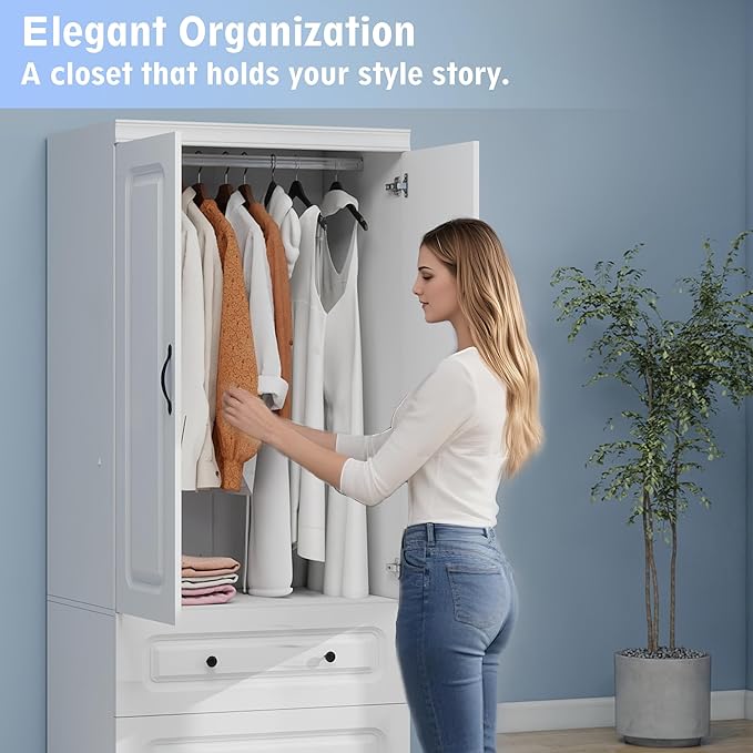 Wooden Armoire Wardrobe Closet:Modern Armoire Wardrobe Closet with 2 Doors, 2 Drawers and Hanging Rods for Tall Cabinet, Large Capacity Clothes Storage Cabinet for Bedroom Home, White