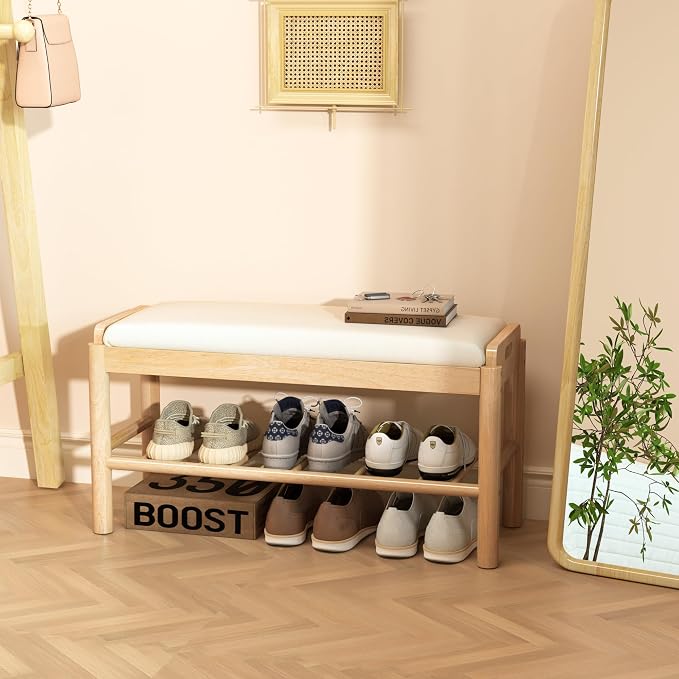 Entryway Shoe Storage Bench, 2-Tier Wood Shoe Rack with Cushion, Padded Seat Entryway Organizer with Shelf & Hidden Storage for Entry, Hallway, Living Room, Bedroom, Closet (Natural, 31.5") - Image 9