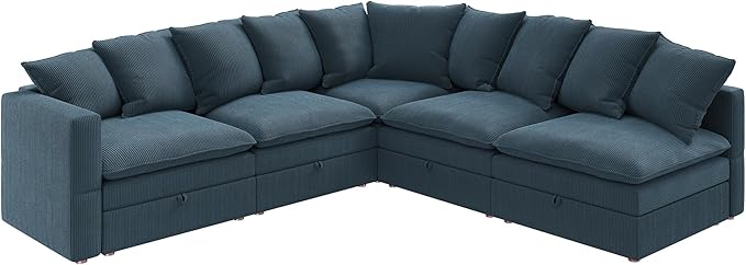 HONBAY Modular Sectional Sofa, 5 Seaters Corduroy Sectional Couch, L Shaped Sofa with Storage & Adjustable Backrest, Blue