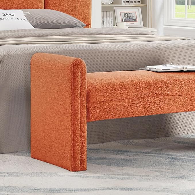 24KF Modern Upholstered Bed Bench Covered with Soft Boucle Teddy Fabric, Lovely Entryway Bench Ottoman with Armrest, 5062-Orange - Image 7