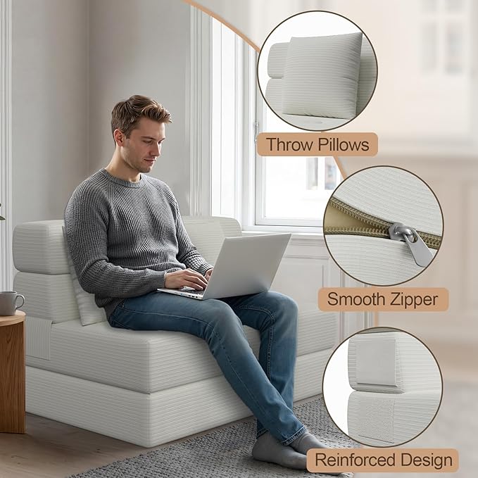 Folding Sofa Bed, Convertible Sleeper Chair & Couch Bed with Pillow, One-Piece High-Density Sponge Mattress, Multi-Purpose Corduroy Floor Sofa for Living Room, Office, Apartment, Beige, Twin