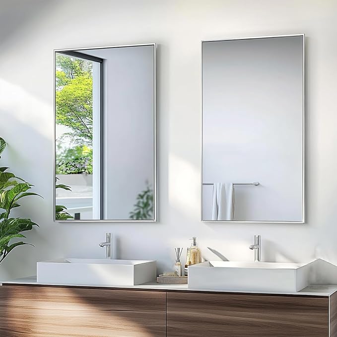 Sunniry Silver Bathroom Mirror, Bathroom Mirrors for Over Sink 24x36 inch, Rectangle Mirrors with Aluminum Metal Frame for Wall Décor, Living Room, Entryway, Bedroom. - Image 6