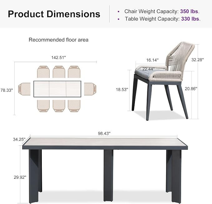 PURPLE LEAF 9 Pieces Patio Dining Set Aluminum Rectangular Table and Wicker Chairs with Cushions for Kitchen Porch Garden Modern Outdoor Furniture Sets, Beige and Dark Grey - Image 9