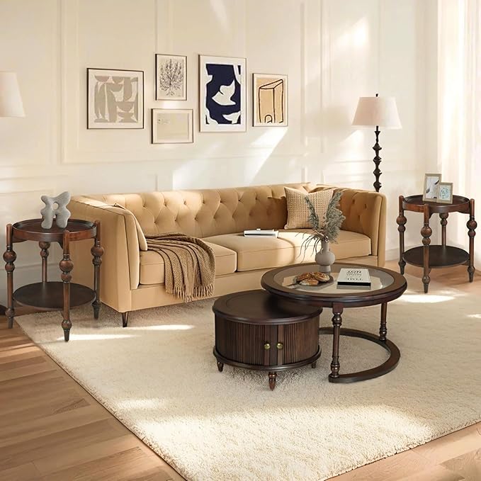 LKTART Nesting End Table for Living Room,Round Solid Wood Frame Nest Side Tables with Storage,Retro Accent Center Table for Small Space Apartment (25''D×24''H-Dark Brown)