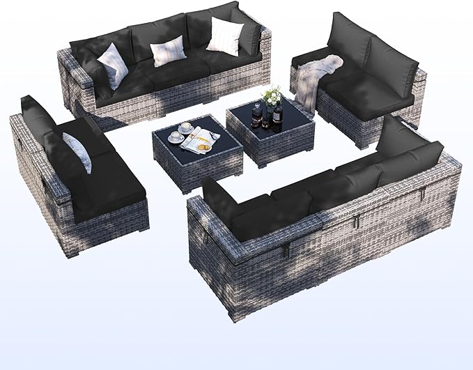Patio Furniture Set, 12-Piece Outdoor Sectional with Waterproof Cover, All-Weather Wicker Patio Conversation Sets for Backyard (Grey with Black Cushion)