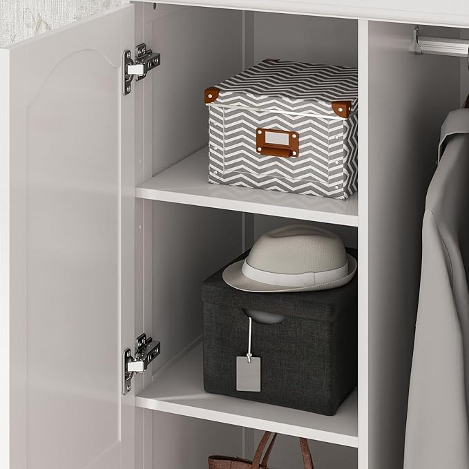 MOUMON 2 Door Armoire Wardrobe Closet with 3 Drawers, Vintage Wardrobe Cabinet with Hanging Rod, Bedroom Armoire Closet with Shelves, for Bedroom, White, 19.7”D x 31.5”W x 70.9”H