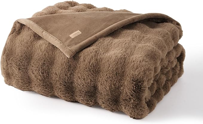 EverGrace Ultra Soft Luxury Fluffy Faux Rabbit Fur Throw Blanket, Thick Warm Bubble Throw for Bed, Cozy Plush Reversible Blankets for Couch, Chair, Sofa, Natural Tan, 90x90 Inches