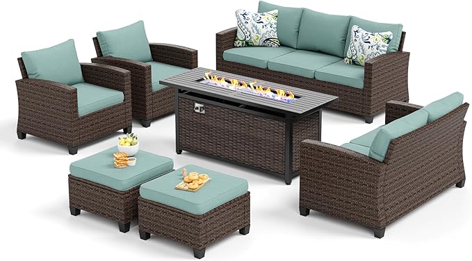 Patio Furniture Set Outdoor Furniture Brown Wicker Rattan Patio Conversation Sets with Cushion Outside Sofa Set,6 Pieces with Rectangular Firepit Table,9 Seats,Blue