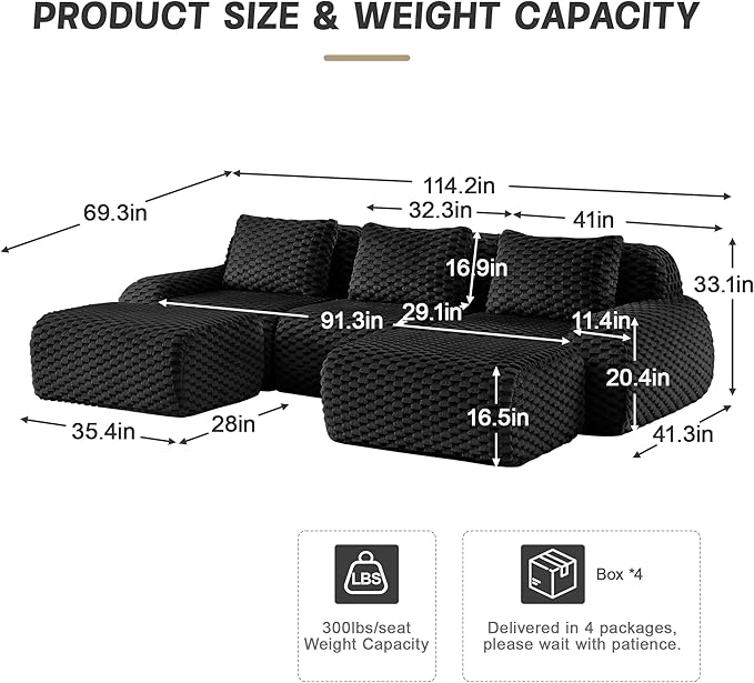 114" U-Shaped Compressed Sectional Cloud Sofa, Flannel Upholstered Modular Deep Seat Sofa with 5 Pieces, Symmetrical Boneless Foam Modular Cloud Couches for Living Room
