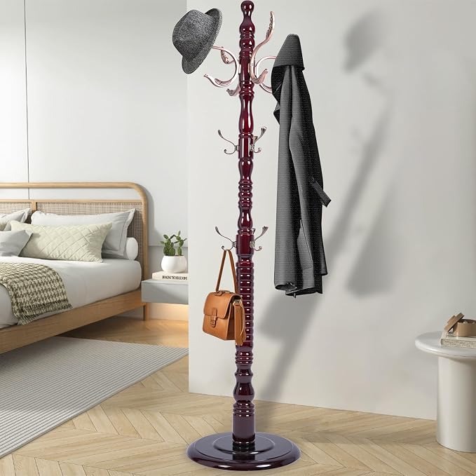73'' Vintage Coat Racks Freestanding with 20 Metal Hooks, Solid Wood Coat Rack Hanger Stand with 3 Adjustable Size, Heavy Duty Coat Rack Tree for Entryway, Bedroom, Hallway, Office, Apartment - Image 6