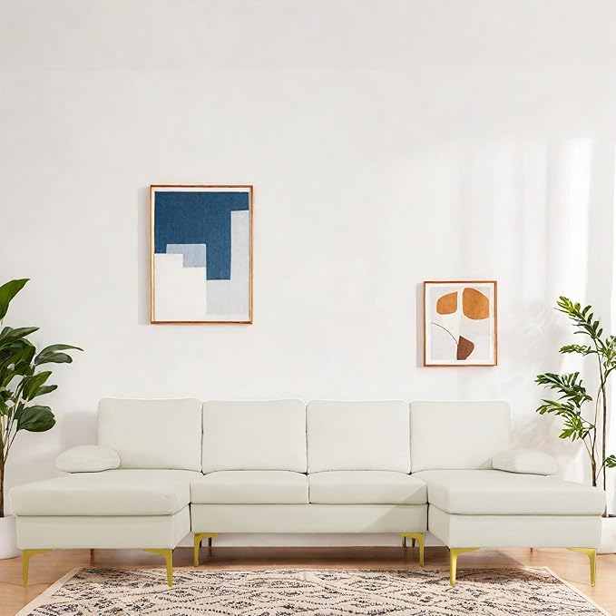 Sectional Couches for Living Room Furniture Sets, 4 Seat U Shaped Sectional Couch with Storage, Adjustable Couch with Armrests and Ottoman for Apartment, White