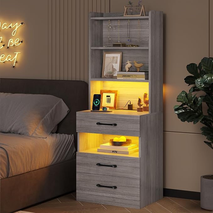 VIAGDO Tall Nightstand with Charging Station and LED Lights, Large Grey Night Stand with Bookshelf, Modern LED Bedside Table with 3 Drawers and Storage Shelves, End Side Table for Bedrooms, Dorms - Image 9