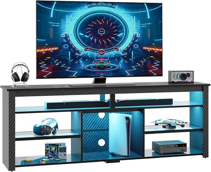 Bestier Tall TV Stand for 75 inch TV, LED Entertainment Center, Gaming TV Console with Storage for PS5, Modern TV Cabinet for Bedroom, Living Room, Black Carbon Fiber - Image 8