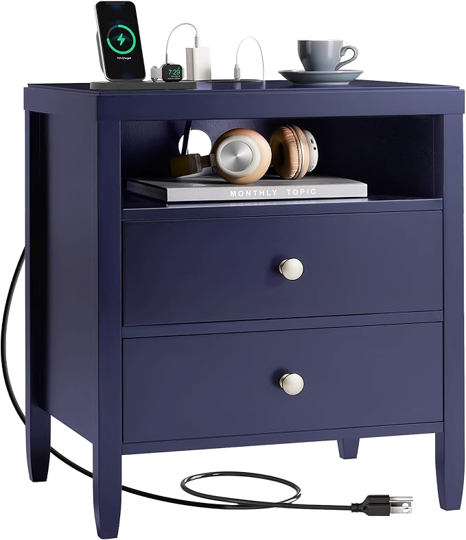 Huuger Nightstand with Charging Station, Blue Nightstand with 2 Drawers, Bed Side Table for Bedroom, Bedside Table with Storage, Modern Nightstands, Metal Knobs, Painted Surface - Image 9